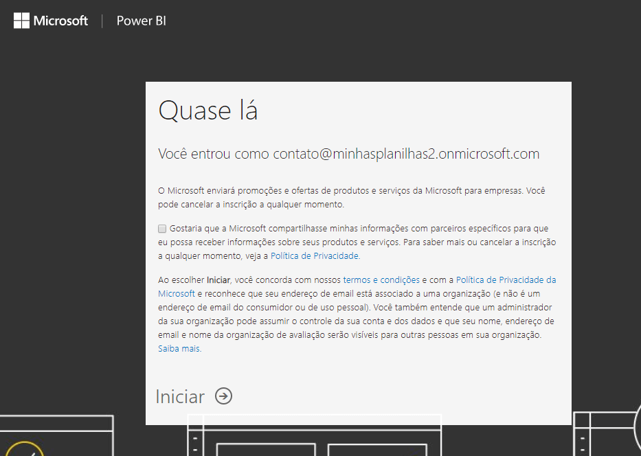 Criar conta do Power BI