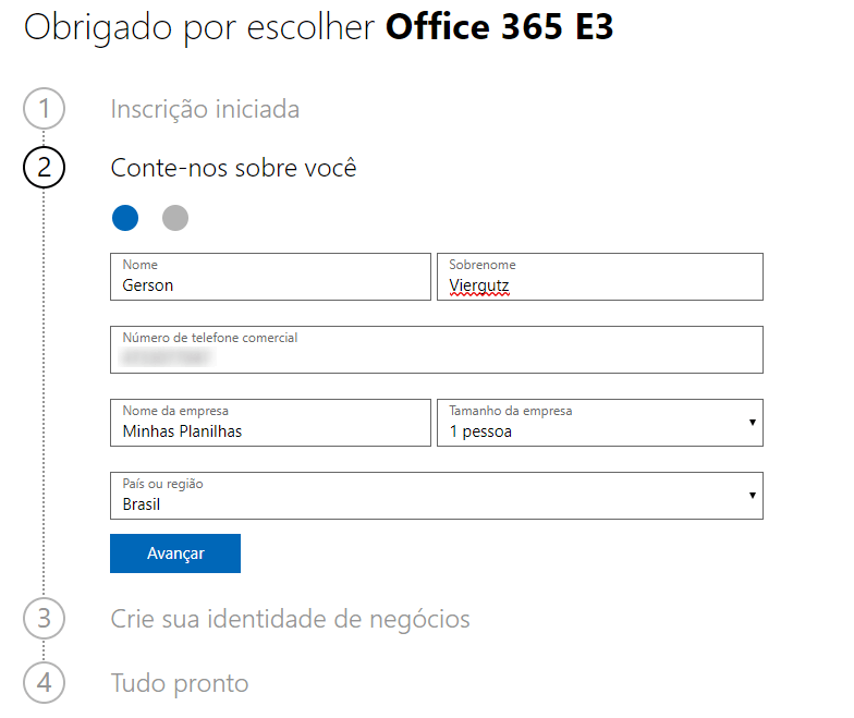 Criar conta office 365