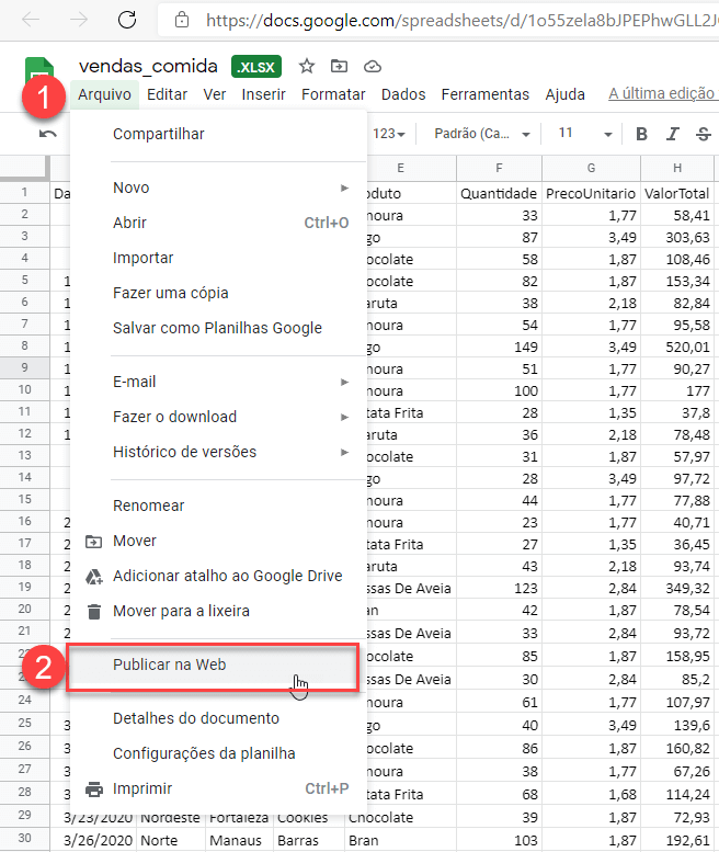 Publicar na Web Google Sheets