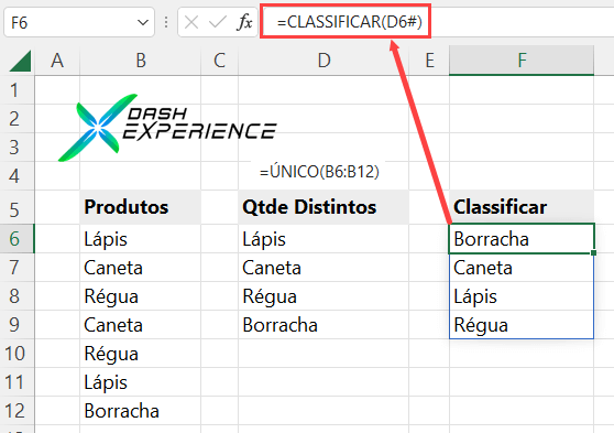 Função CLASSIFICAR com operador # no Excel