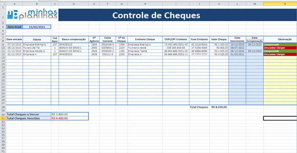 Planilha excel controle de cheques